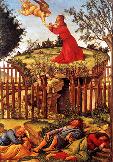 Alessandro Botticelli of Florence, Italy - Christ praying in the Garden of Gethsemane, Museo de la Capilla Real, Granada, Spain, 1500.